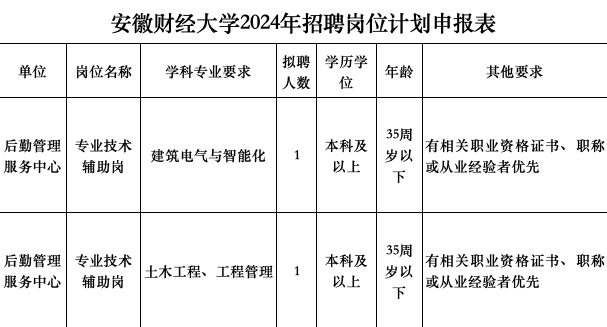 2024年度安徽財經(jīng)大學 專業(yè)技術輔助崗位人才派遣人員 公開招聘公告